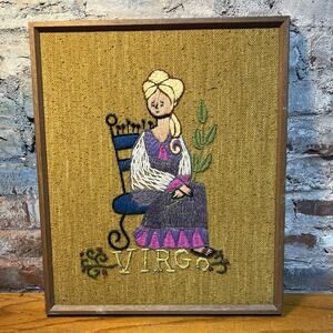 Vintage Virgo Zodiac Crewel Embroidery Mid Century Boho Wall Decor Framed 19"